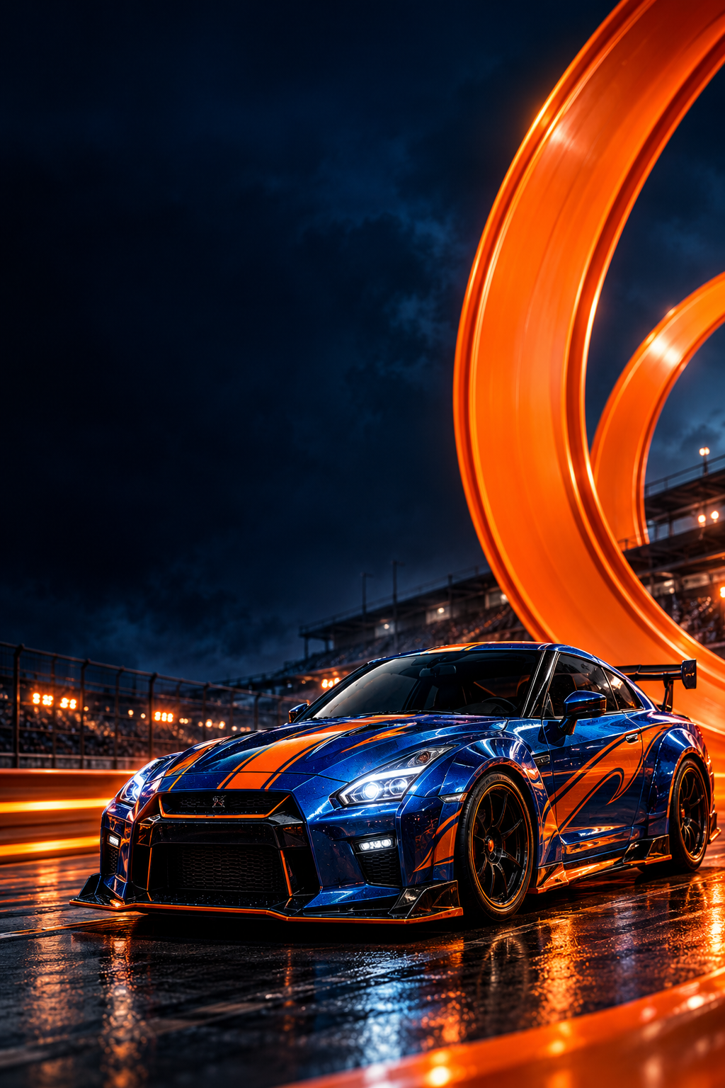 A collector die-cast car in a dramatic racing scene